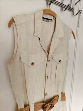 90s Vintage New York Studio Linen Cotton Safari Midi Dress W/ Belt Size 6